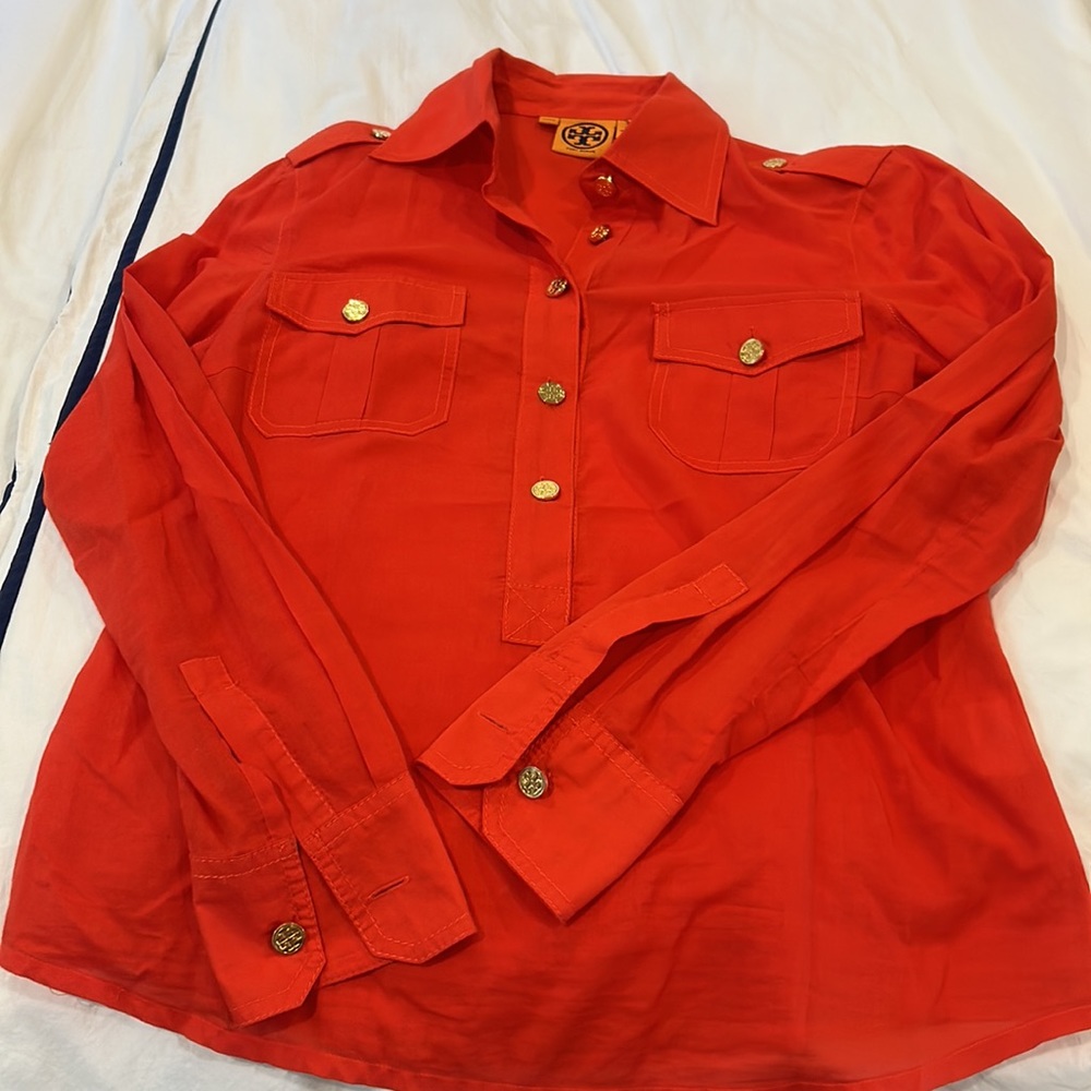 Tory Burch Red Button-Front Utility Shirt - Picture 2 of 5